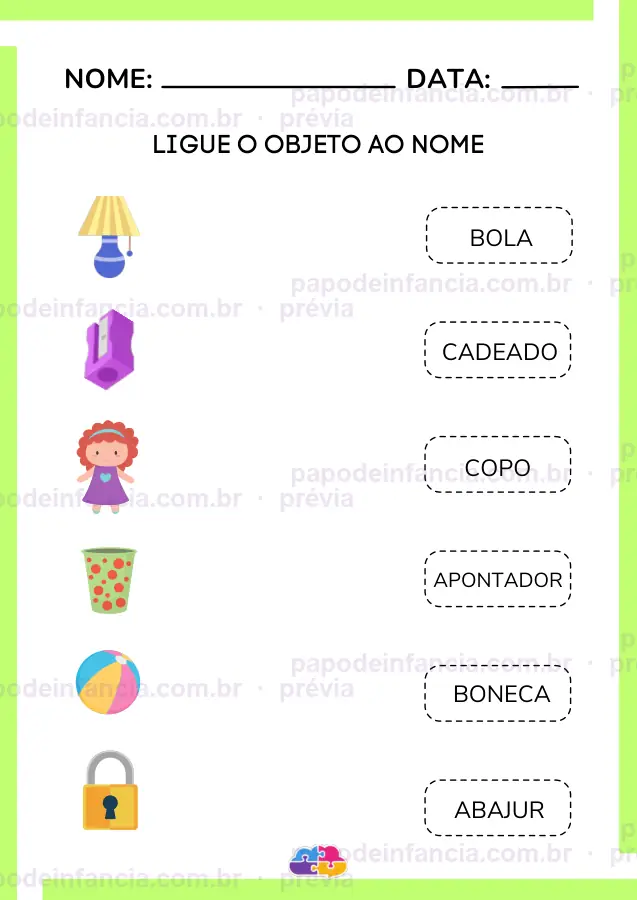 Página de exemplo de Caderno Associação de Imagens e Palavras