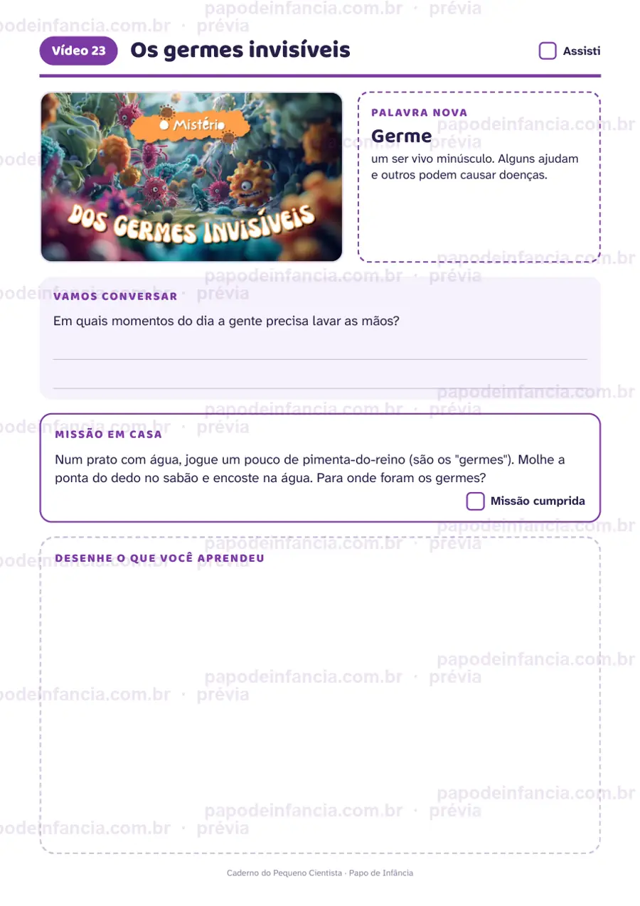 Página de exemplo de Caderno do Pequeno Cientista