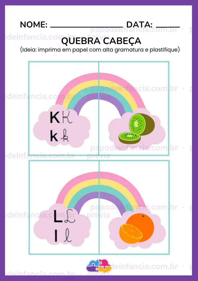 Página de exemplo de Caderno Quebra-Cabeça Alfabeto